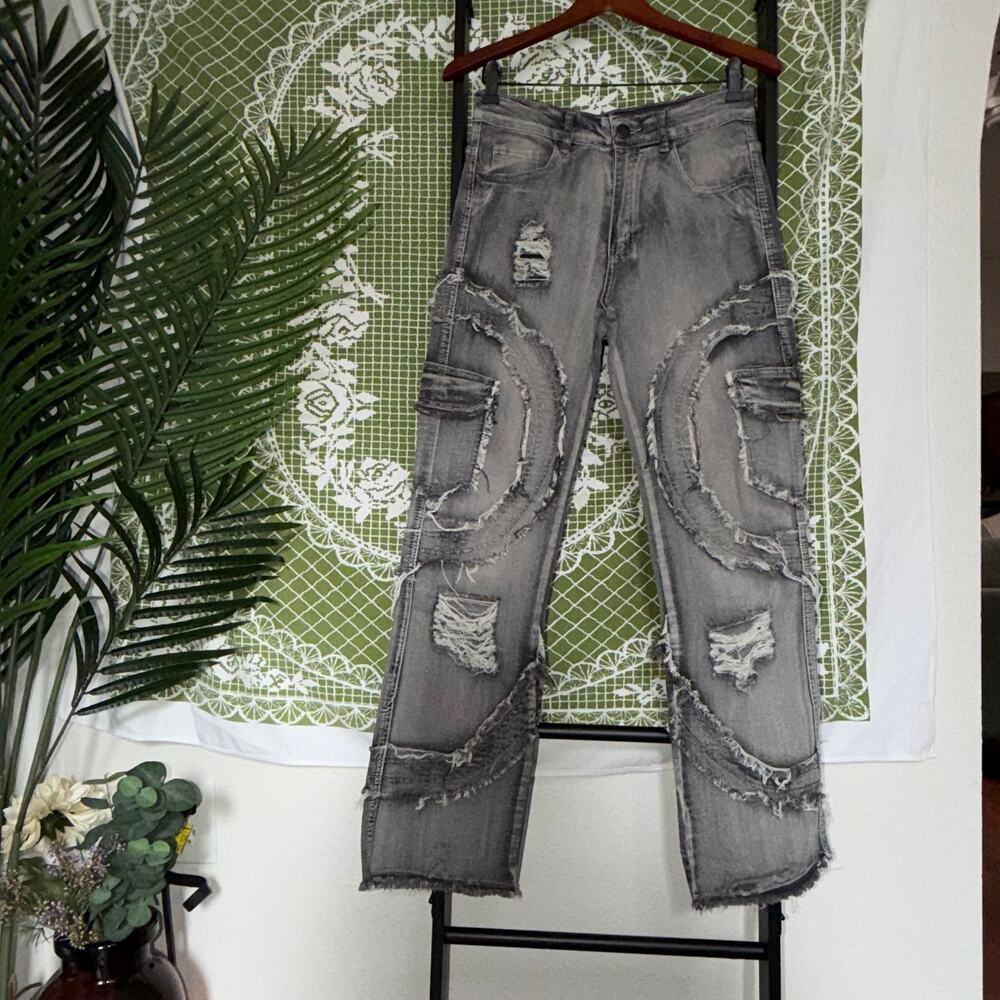 ⛓️ CYBER GRUNGE RAW EDGE CARGO JEANS ⛓️